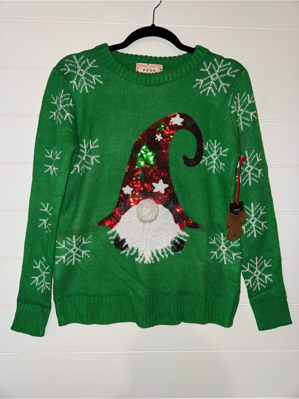 Sequin Gnome Merry Christmas by Poof sweater snowflakes